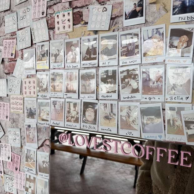 Polaroids of regulars on the wall at Love Street Coffee