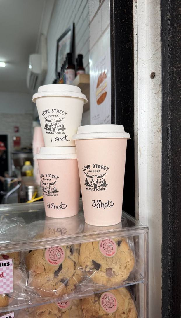 Coffee cups on the counter at Love Street Coffee, Cloverdale