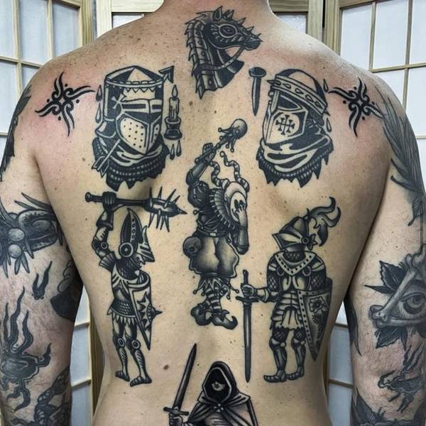 Knight tattoo by an artist at Love Street Tattoo, Cloverdale