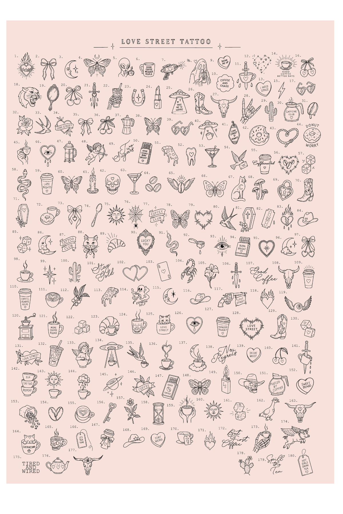The Love Street Tattoo flash sheet, around 180 numbered designs available on the day
